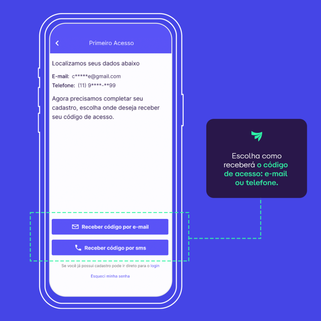 Tela indicando as opções “receber código por e-mail” ou “receber código por SMS” no aplicativo Alares Internet