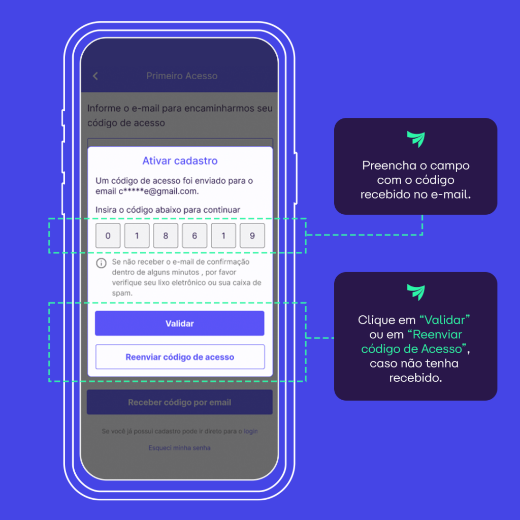 Tela indicando ativação do cadastro mediante inserção de código