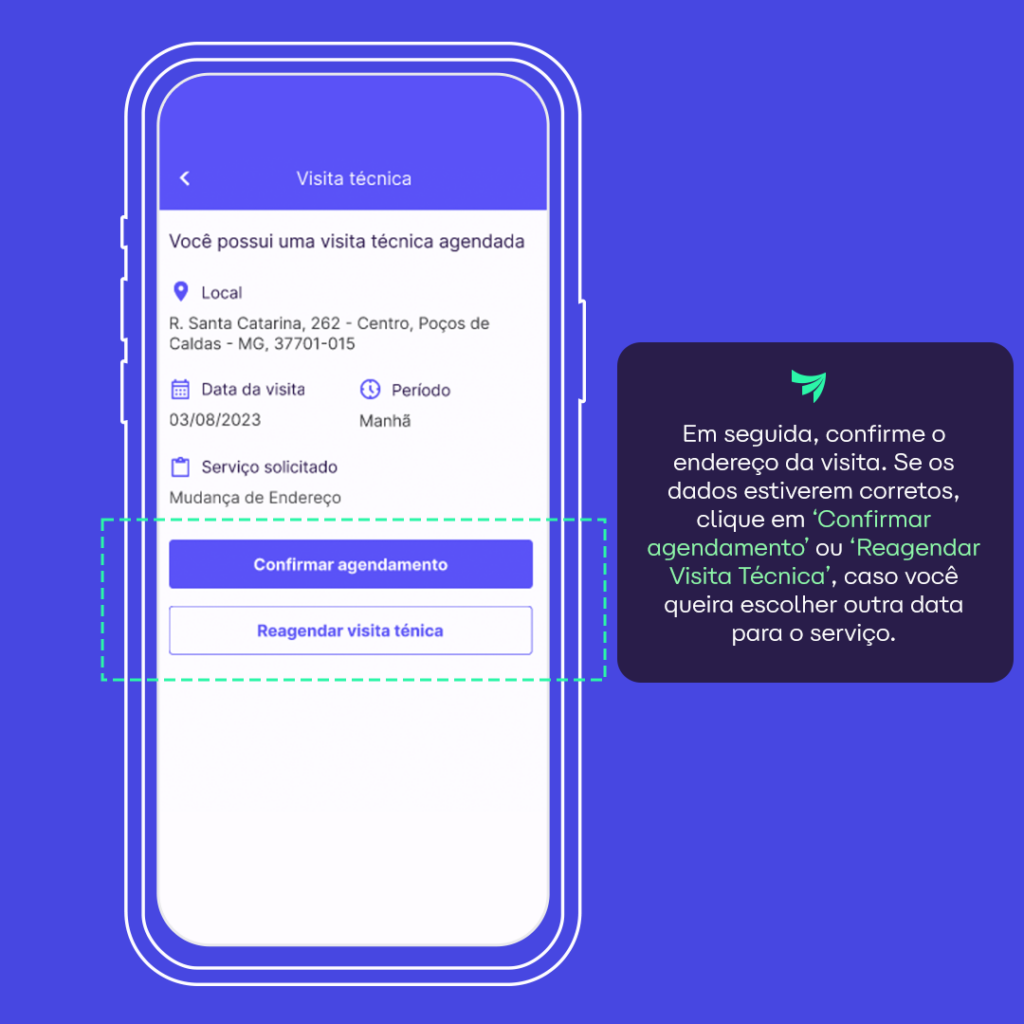 Tela indicando a confirmação do endereço para agendamento de visita