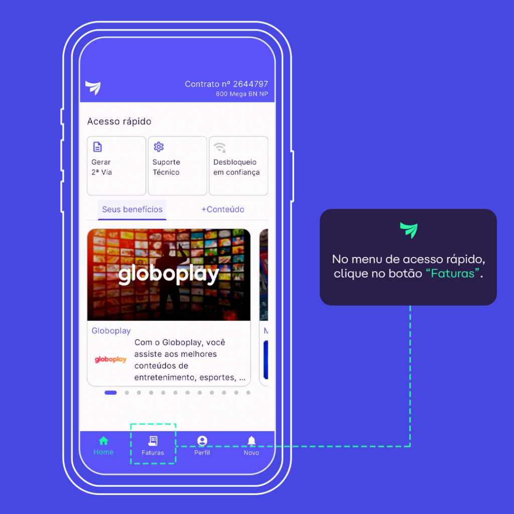 tela indicando menu de acesso rápido no app