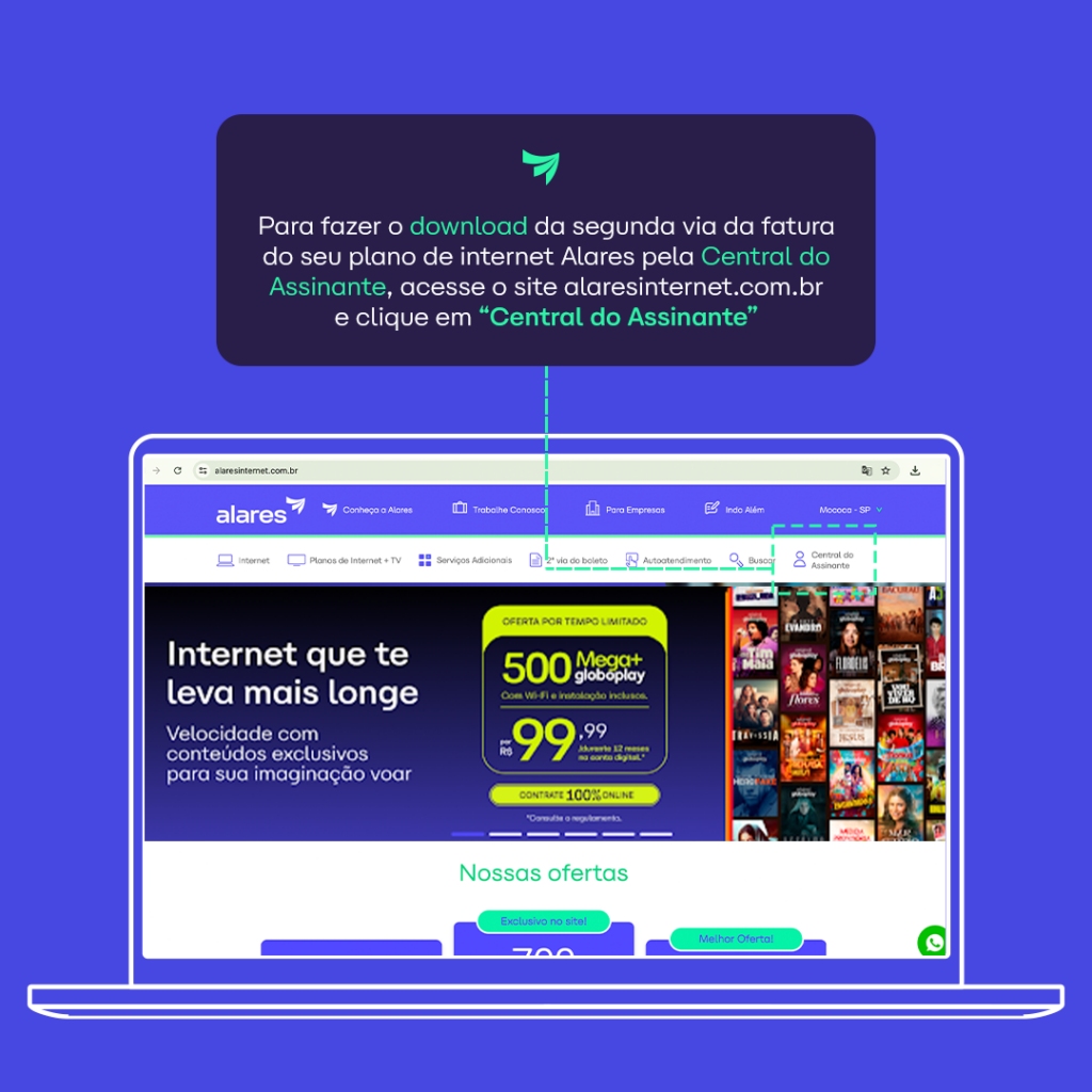 imagem mostrando como acessar a central do assinante no site alares