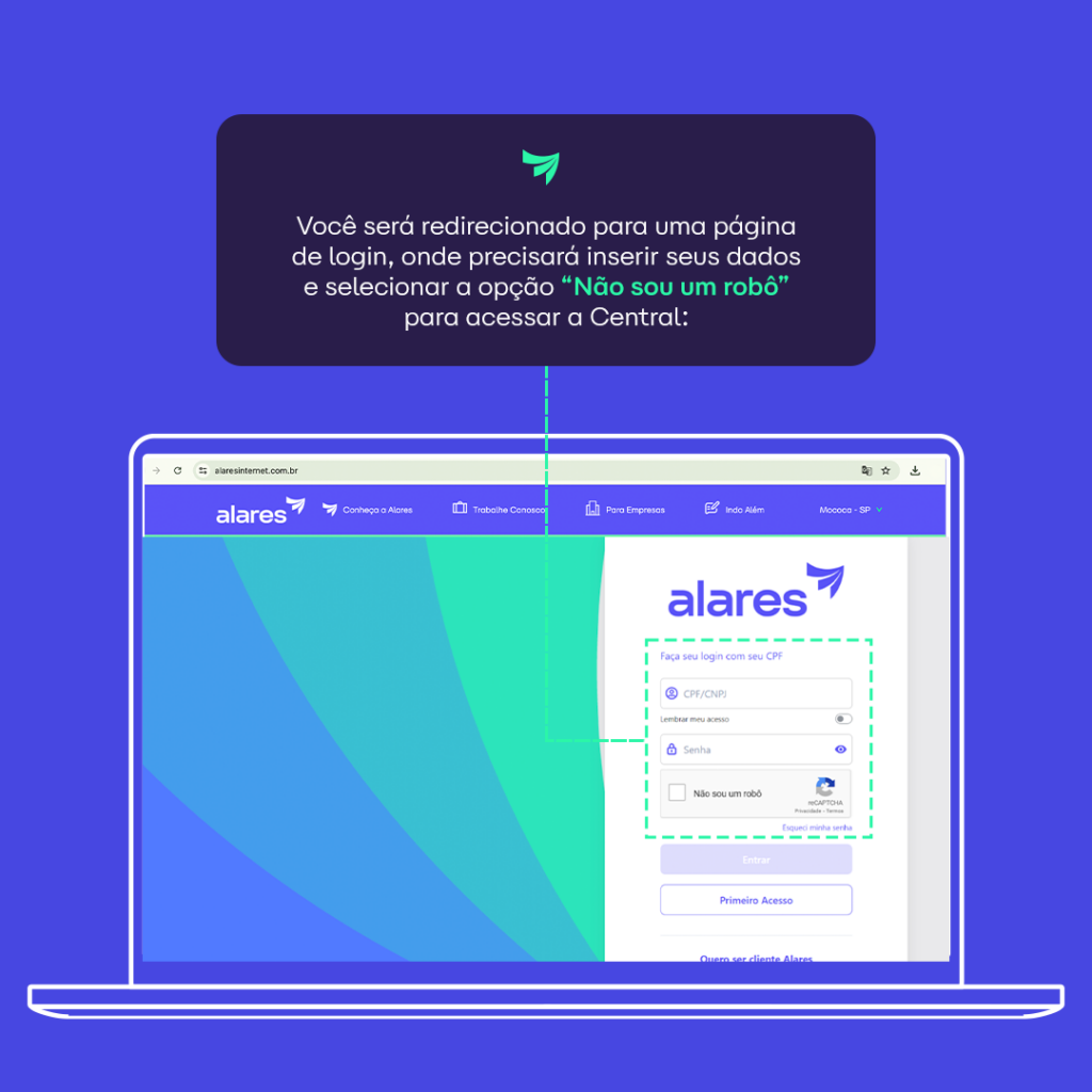 imagem mostrando tela de login na central do assinante no site alares