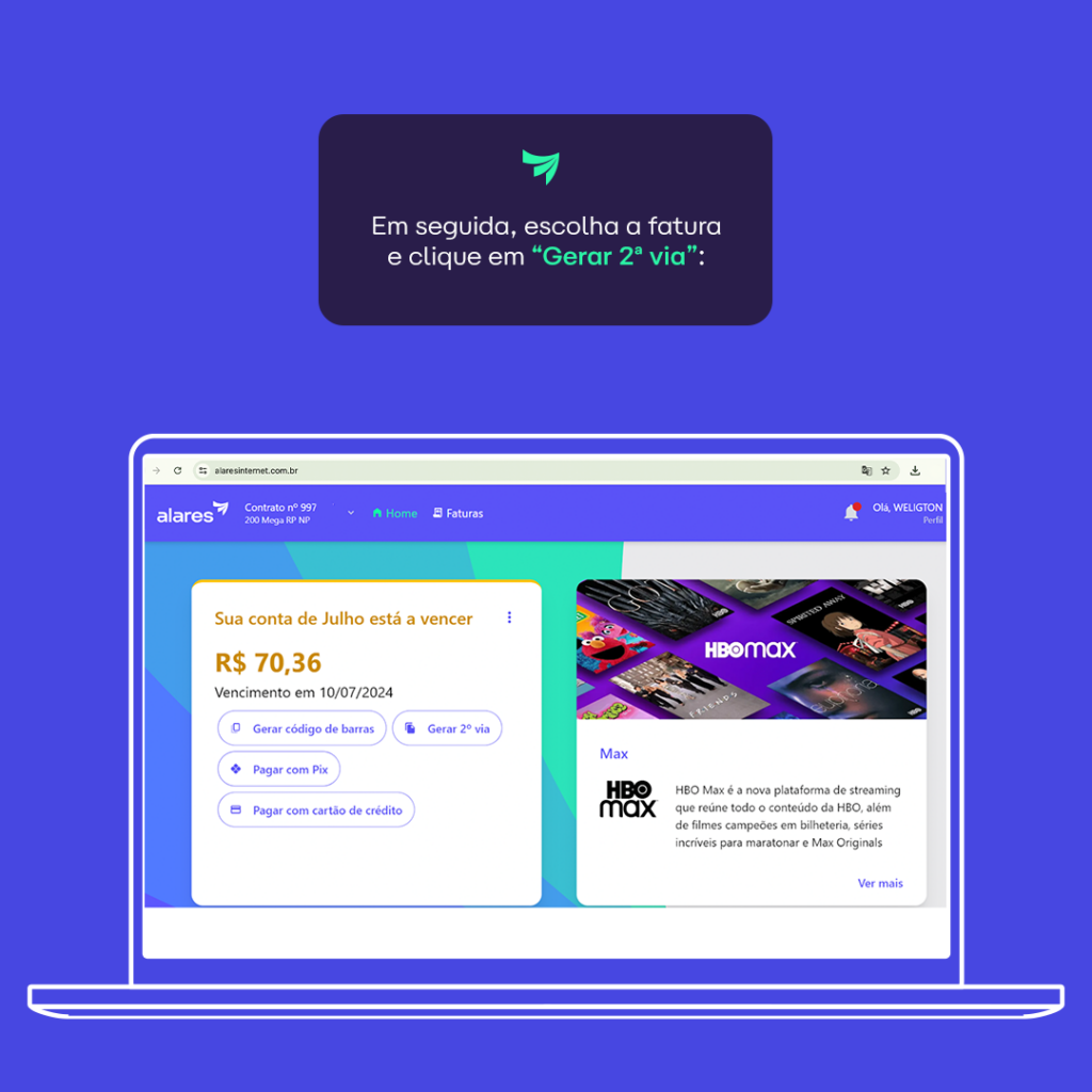 imagem mostrando etapa do processo de gerar segunda via de fatura alares através da central do assinante, no site
