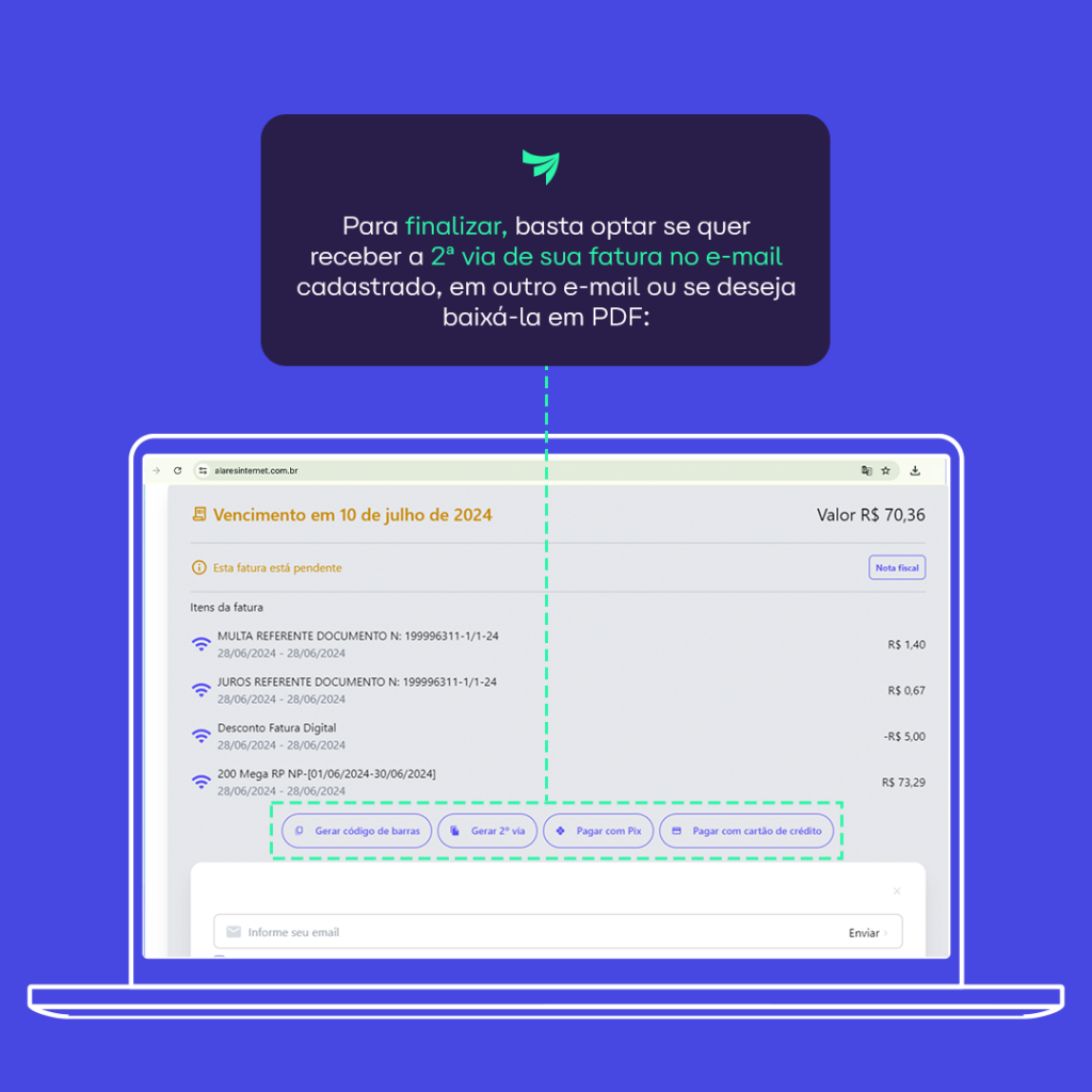 tela indicando opção de onde receber a segunda fatura da conta alares