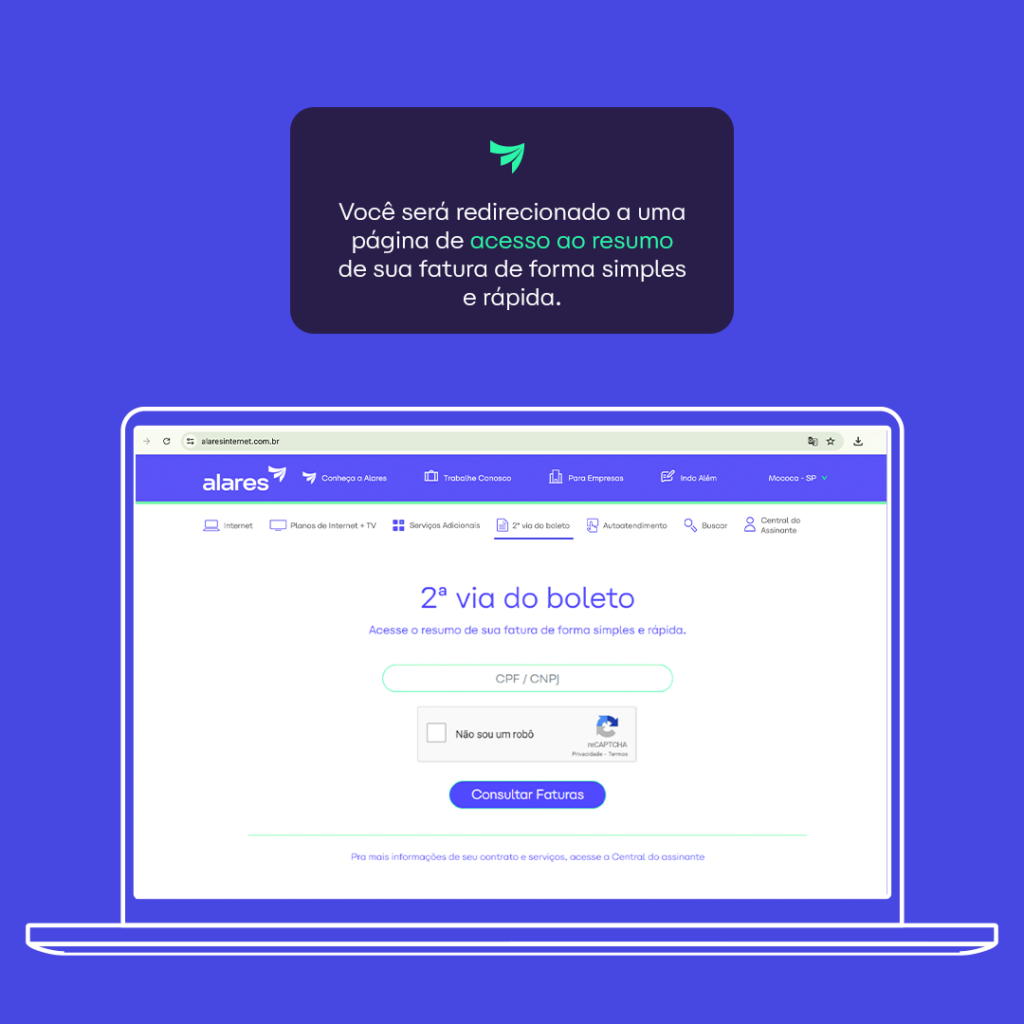 imagem mostrando página de acesso ao resumo da 2ª via de fatura Alares no site