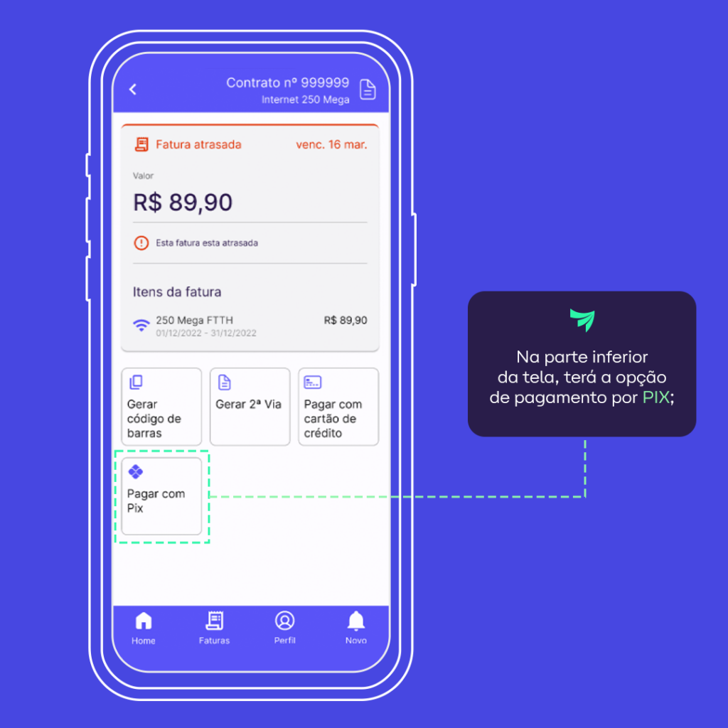 Tela indicando pagamento por pix no app Alares Internet