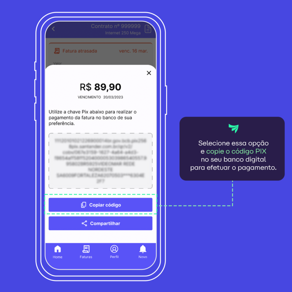 Tela indicando código pix da fatura no app Alares Internet
