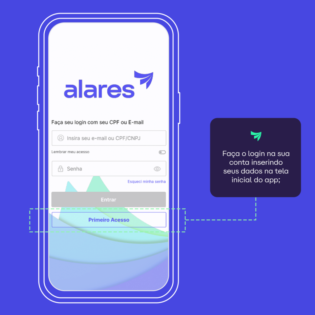 Tela indicando login de acesso para pagar fatura usando cartão de crédito no app Alares Internet