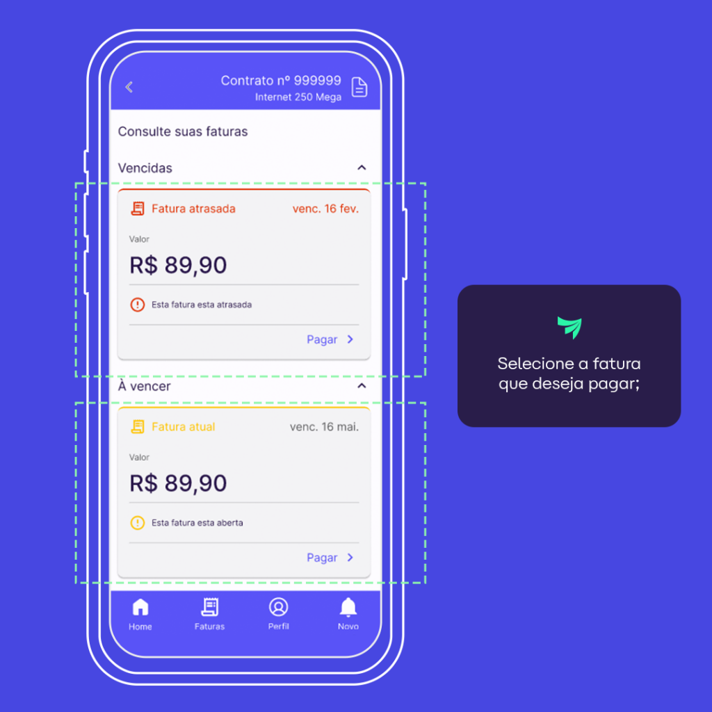 Tela indicando faturas em aberto para pagamento no app Alares Internet