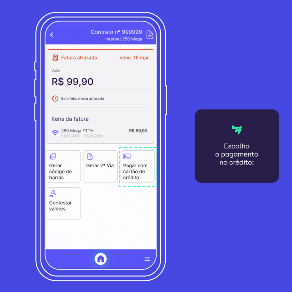 Tela indicando opção “Pagar fatura com cartão de crédito” no app Alares Internet