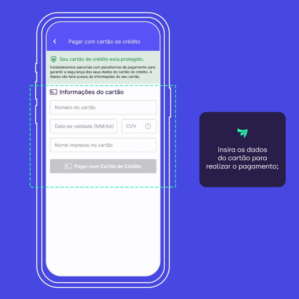 Tela indicando cadastro do cartão para pagar fatura no app Alares com cartão de crédito