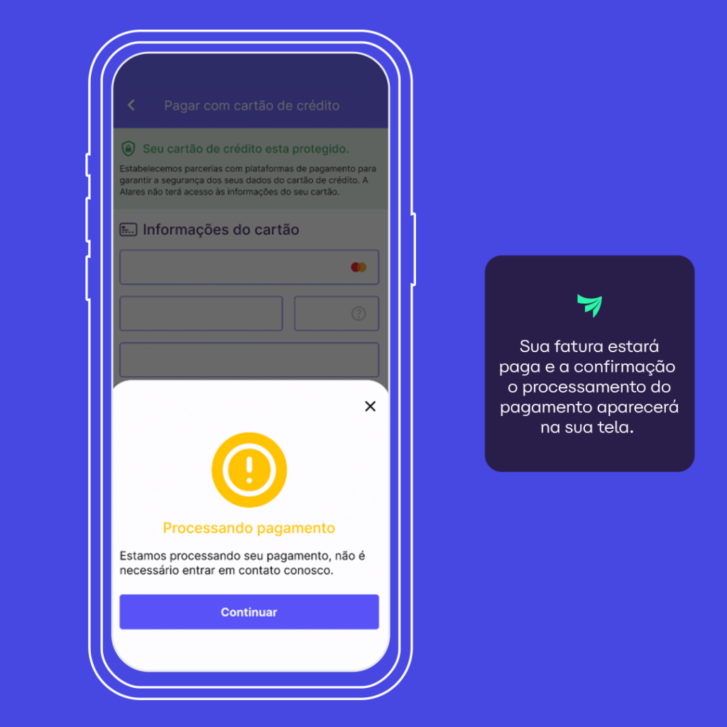 Tela indicando processamento de pagamento da fatura alares