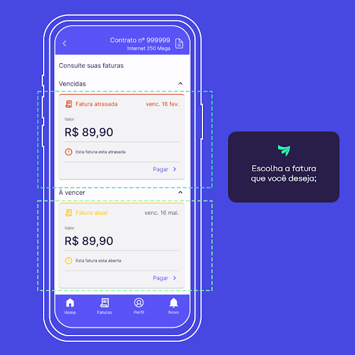 imagem mostrando tela com seleção de 2ª via da fatura Alares no app