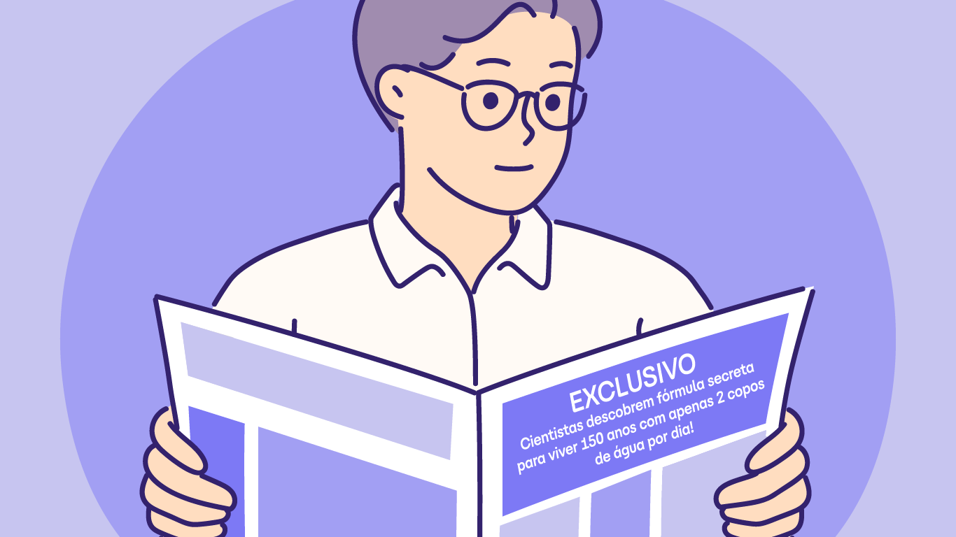 Ilustração simulando portal de notícias, com destaque no título, indicando como identificar notícias falsas