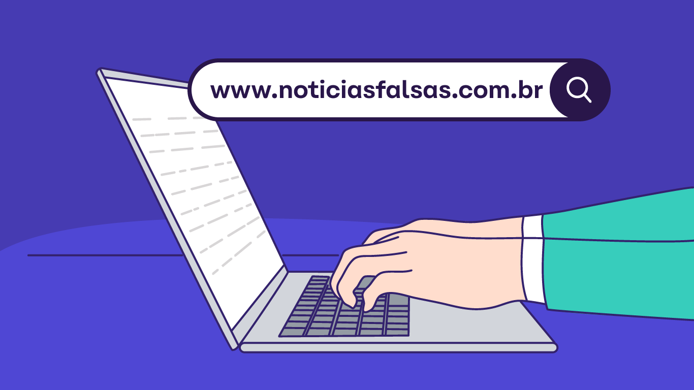 Ilustração simulando portal de notícias falso, com destaque na URL, indicando como identificar notícias falsas