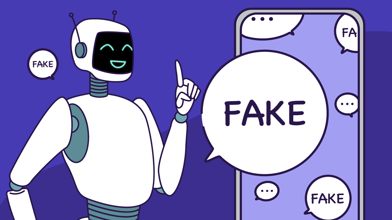 Ilustração simulando agência de checagem de notícias, com destaque no robô checador