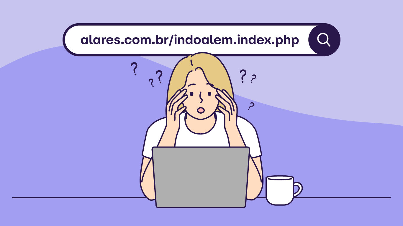 Ilustração simulando um site falso da Alares, com destaque na URL